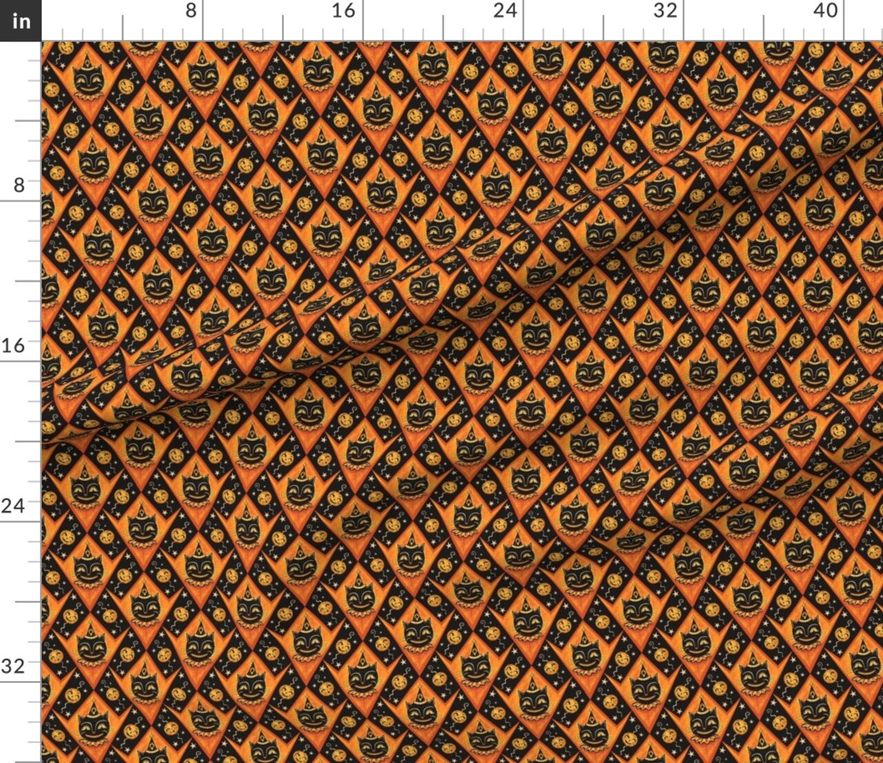 Black Cat & Jacks Halloween Vintage Whimsical Illustration Pumpkin Spooky Scary Orange Custom Printed Fabric by Spoonflower Various Fabrics by the Yard or Fat Quarter